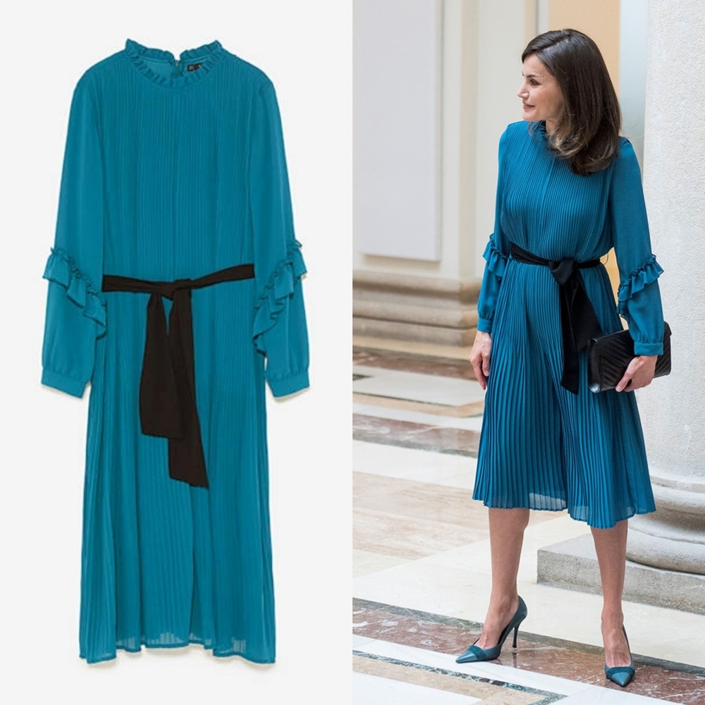 Zara pleated ruffled black tie belt jumpsuit ASO Queen Letizia